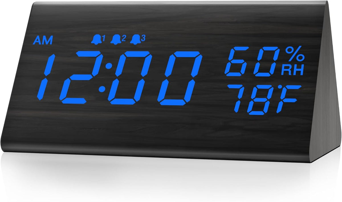 Wooden Digital Alarm Clock for Bedrooms and Office, 3 Alarms with Big Digits, Humidity and Temperature Display, 6-Level Dimmer, Snooze, Loud Desk Clock for Heavy Sleepers, Plug in (Black)