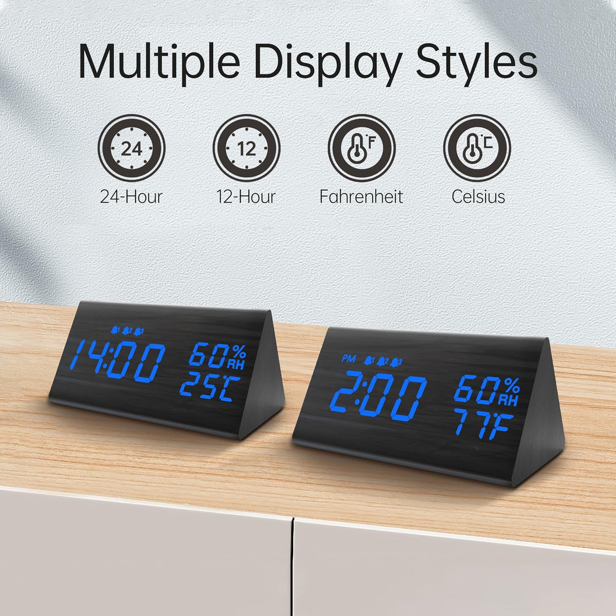 Wooden Digital Alarm Clock for Bedrooms and Office, 3 Alarms with Big Digits, Humidity and Temperature Display, 6-Level Dimmer, Snooze, Loud Desk Clock for Heavy Sleepers, Plug in (Black)
