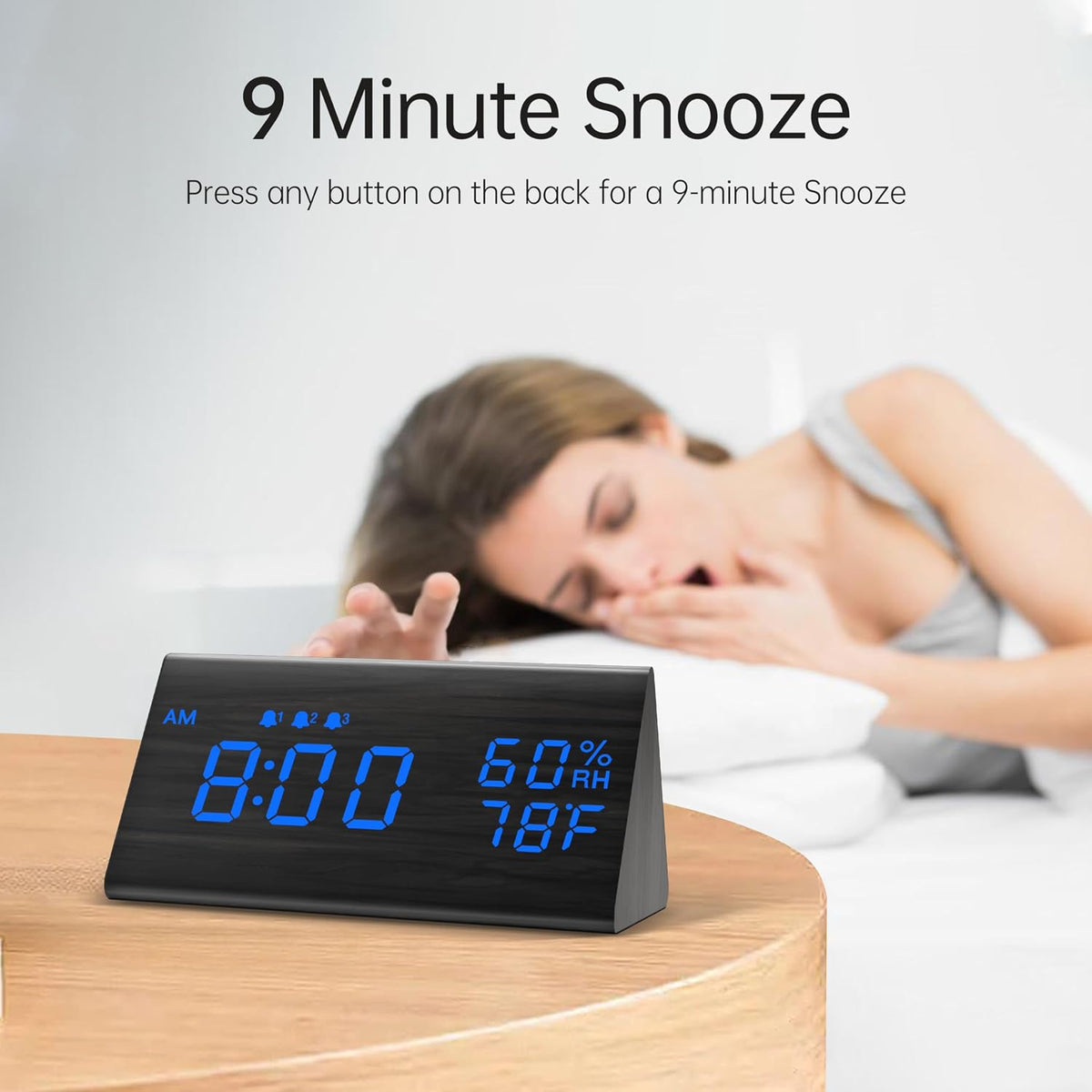Wooden Digital Alarm Clock for Bedrooms and Office, 3 Alarms with Big Digits, Humidity and Temperature Display, 6-Level Dimmer, Snooze, Loud Desk Clock for Heavy Sleepers, Plug in (Black)