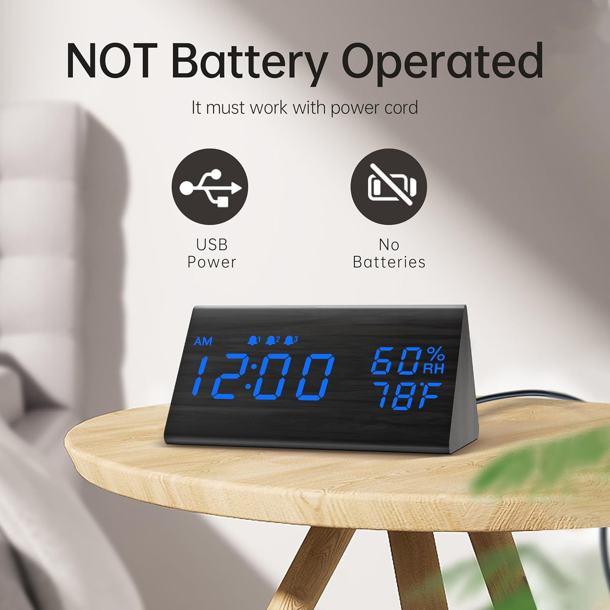 Wooden Digital Alarm Clock for Bedrooms and Office, 3 Alarms with Big Digits, Humidity and Temperature Display, 6-Level Dimmer, Snooze, Loud Desk Clock for Heavy Sleepers, Plug in (Black)
