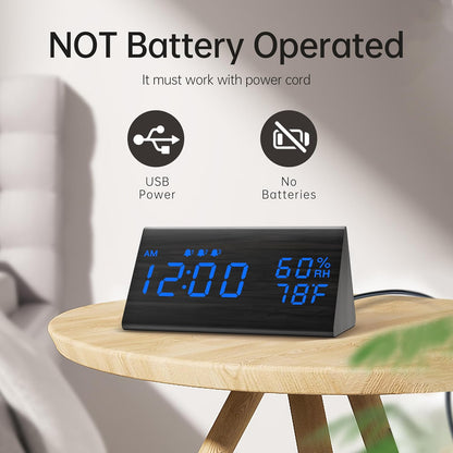 Wooden Digital Alarm Clock for Bedrooms and Office, 3 Alarms with Big Digits, Humidity and Temperature Display, 6-Level Dimmer, Snooze, Loud Desk Clock for Heavy Sleepers, Plug in (Black)