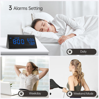 Wooden Digital Alarm Clock for Bedrooms and Office, 3 Alarms with Big Digits, Humidity and Temperature Display, 6-Level Dimmer, Snooze, Loud Desk Clock for Heavy Sleepers, Plug in (Black)