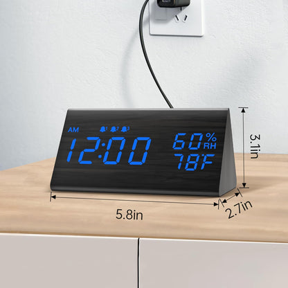 Wooden Digital Alarm Clock for Bedrooms and Office, 3 Alarms with Big Digits, Humidity and Temperature Display, 6-Level Dimmer, Snooze, Loud Desk Clock for Heavy Sleepers, Plug in (Black)
