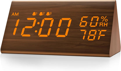 Wooden Digital Alarm Clock for Bedrooms and Office, 3 Alarms with Big Digits, Humidity and Temperature Display, 6-Level Dimmer, Snooze, Loud Desk Clock for Heavy Sleepers, Plug in (Black)