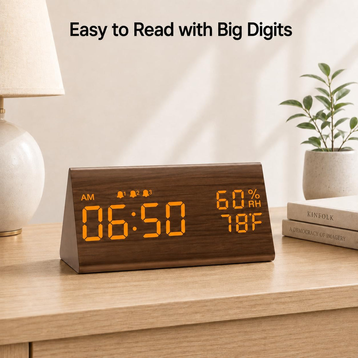 Wooden Digital Alarm Clock for Bedrooms and Office, 3 Alarms with Big Digits, Humidity and Temperature Display, 6-Level Dimmer, Snooze, Loud Desk Clock for Heavy Sleepers, Plug in (Black)