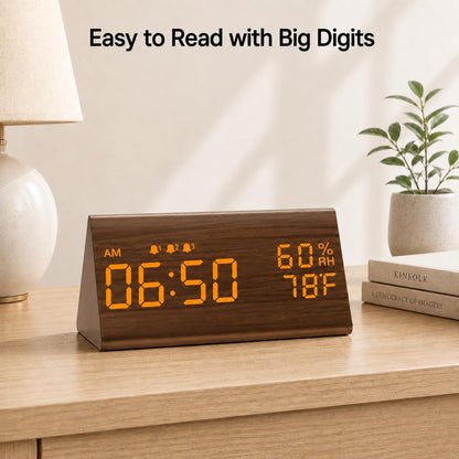 Wooden Digital Alarm Clock for Bedrooms and Office, 3 Alarms with Big Digits, Humidity and Temperature Display, 6-Level Dimmer, Snooze, Loud Desk Clock for Heavy Sleepers, Plug in (Black)