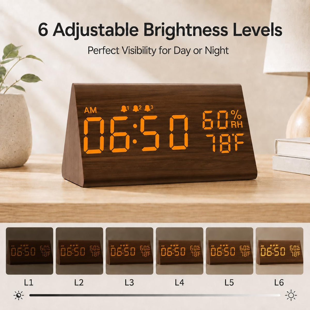 Wooden Digital Alarm Clock for Bedrooms and Office, 3 Alarms with Big Digits, Humidity and Temperature Display, 6-Level Dimmer, Snooze, Loud Desk Clock for Heavy Sleepers, Plug in (Black)