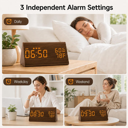 Wooden Digital Alarm Clock for Bedrooms and Office, 3 Alarms with Big Digits, Humidity and Temperature Display, 6-Level Dimmer, Snooze, Loud Desk Clock for Heavy Sleepers, Plug in (Black)