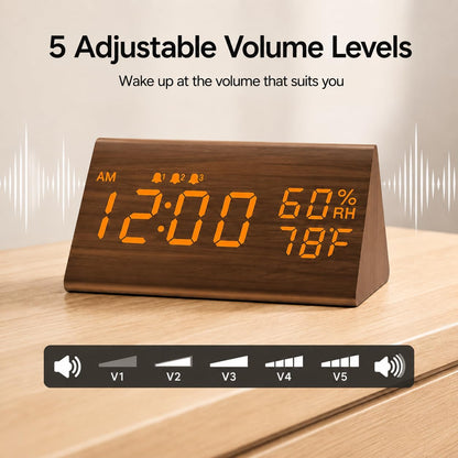 Wooden Digital Alarm Clock for Bedrooms and Office, 3 Alarms with Big Digits, Humidity and Temperature Display, 6-Level Dimmer, Snooze, Loud Desk Clock for Heavy Sleepers, Plug in (Black)