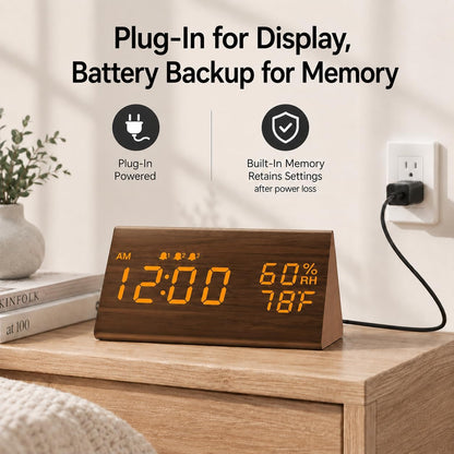 Wooden Digital Alarm Clock for Bedrooms and Office, 3 Alarms with Big Digits, Humidity and Temperature Display, 6-Level Dimmer, Snooze, Loud Desk Clock for Heavy Sleepers, Plug in (Black)