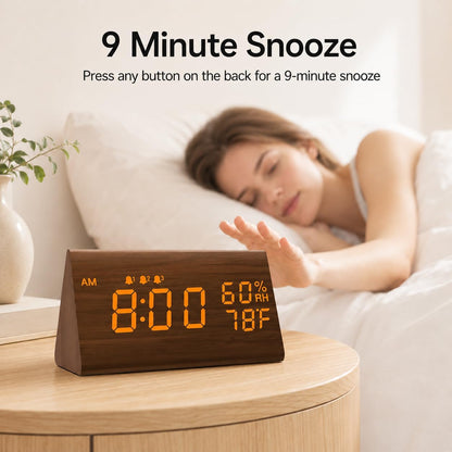 Wooden Digital Alarm Clock for Bedrooms and Office, 3 Alarms with Big Digits, Humidity and Temperature Display, 6-Level Dimmer, Snooze, Loud Desk Clock for Heavy Sleepers, Plug in (Black)