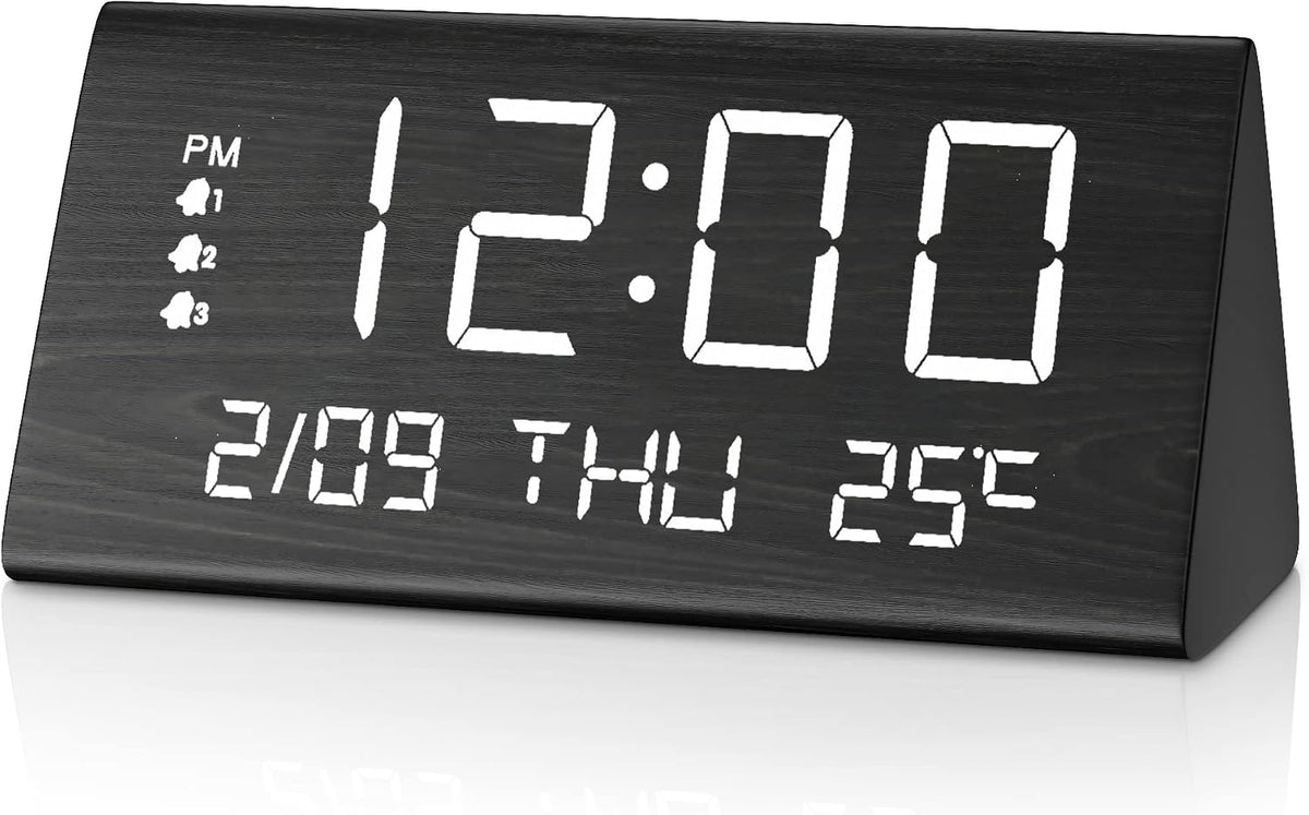 Wooden Digital Alarm Clock for Bedrooms and Office, 3 Alarms with Big Digits, Humidity and Temperature Display, 6-Level Dimmer, Snooze, Loud Desk Clock for Heavy Sleepers, Plug in (Black)