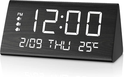 Wooden Digital Alarm Clock for Bedrooms and Office, 3 Alarms with Big Digits, Humidity and Temperature Display, 6-Level Dimmer, Snooze, Loud Desk Clock for Heavy Sleepers, Plug in (Black)
