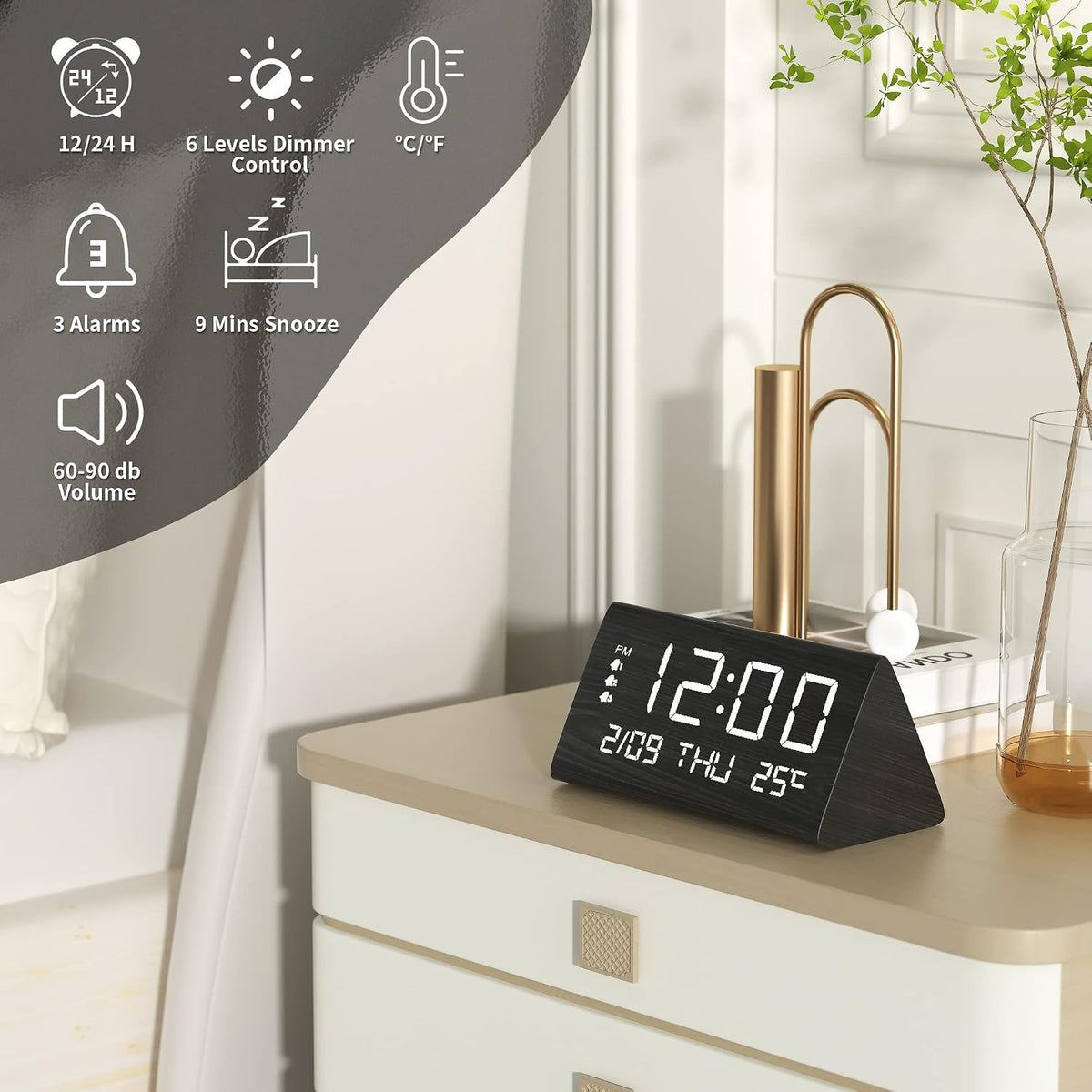 Wooden Digital Alarm Clock for Bedrooms and Office, 3 Alarms with Big Digits, Humidity and Temperature Display, 6-Level Dimmer, Snooze, Loud Desk Clock for Heavy Sleepers, Plug in (Black)
