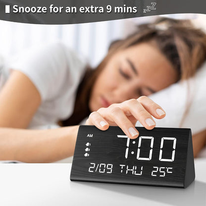 Wooden Digital Alarm Clock for Bedrooms and Office, 3 Alarms with Big Digits, Humidity and Temperature Display, 6-Level Dimmer, Snooze, Loud Desk Clock for Heavy Sleepers, Plug in (Black)