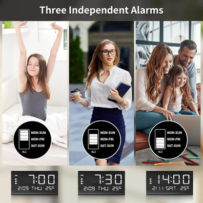 Wooden Digital Alarm Clock for Bedrooms and Office, 3 Alarms with Big Digits, Humidity and Temperature Display, 6-Level Dimmer, Snooze, Loud Desk Clock for Heavy Sleepers, Plug in (Black)