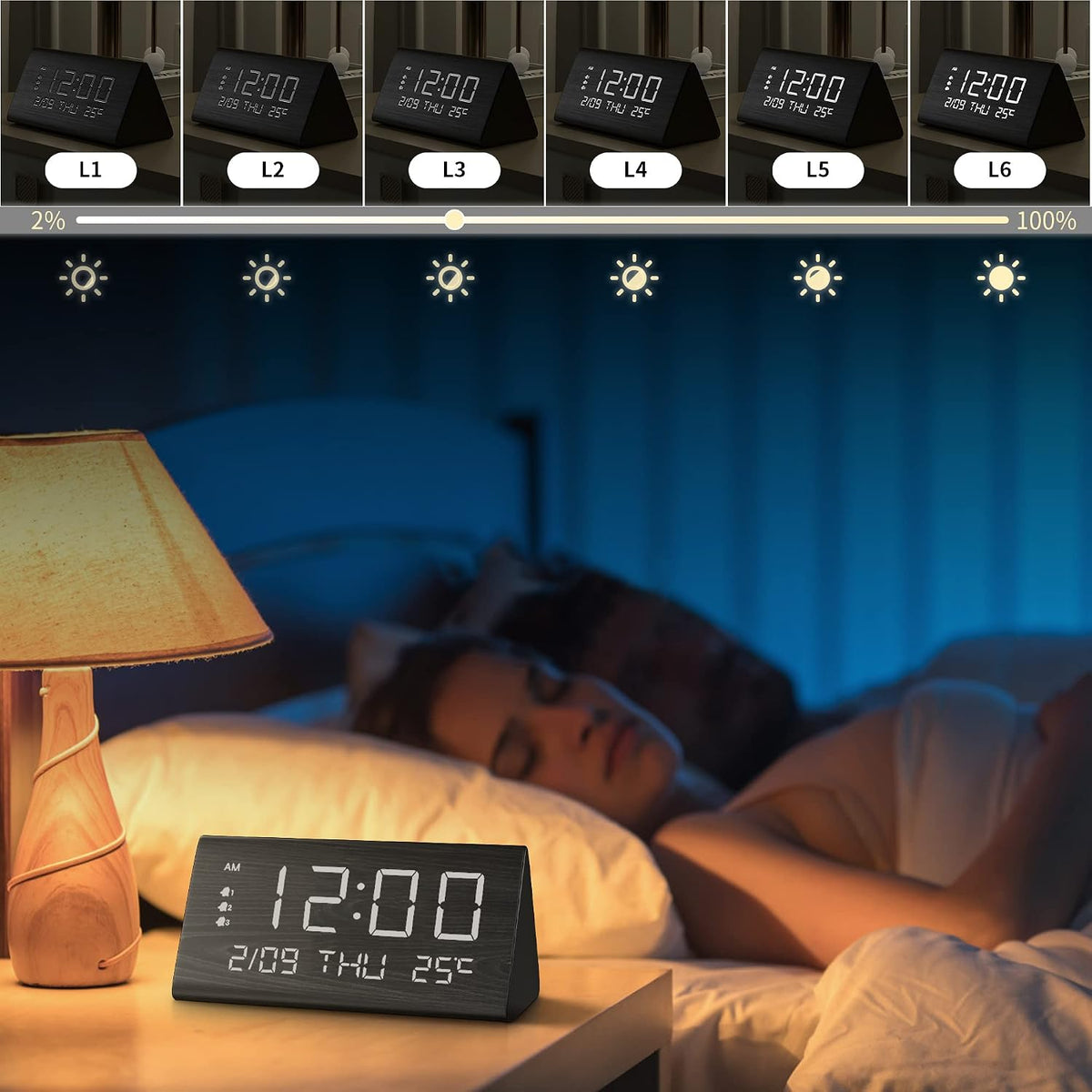 Wooden Digital Alarm Clock for Bedrooms and Office, 3 Alarms with Big Digits, Humidity and Temperature Display, 6-Level Dimmer, Snooze, Loud Desk Clock for Heavy Sleepers, Plug in (Black)