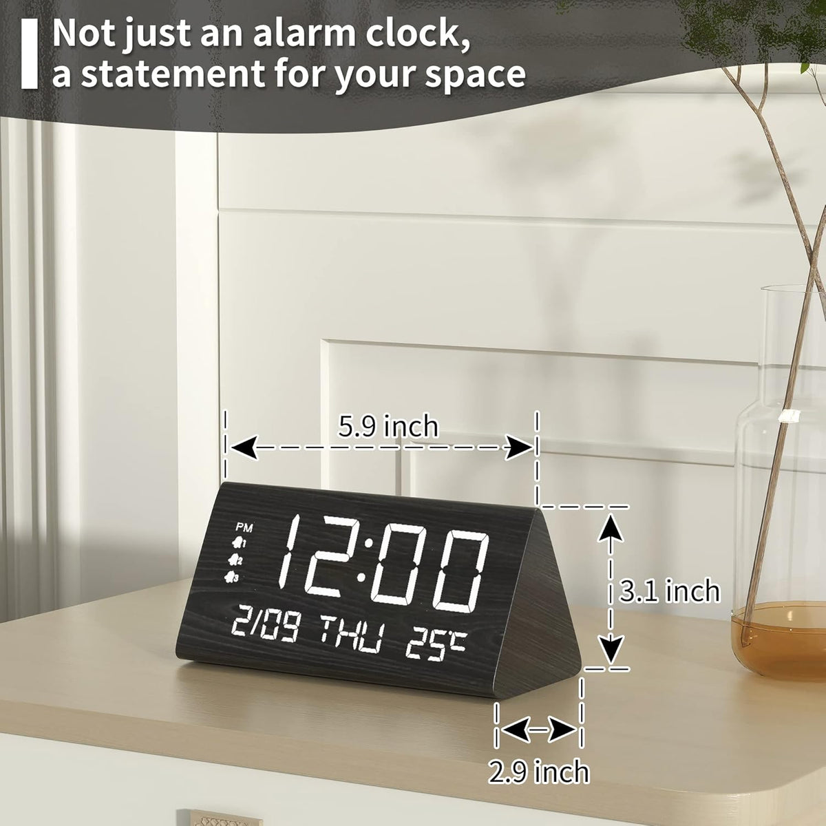 Wooden Digital Alarm Clock for Bedrooms and Office, 3 Alarms with Big Digits, Humidity and Temperature Display, 6-Level Dimmer, Snooze, Loud Desk Clock for Heavy Sleepers, Plug in (Black)