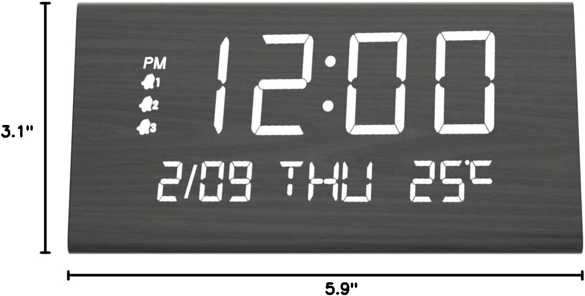 Wooden Digital Alarm Clock for Bedrooms and Office, 3 Alarms with Big Digits, Humidity and Temperature Display, 6-Level Dimmer, Snooze, Loud Desk Clock for Heavy Sleepers, Plug in (Black)