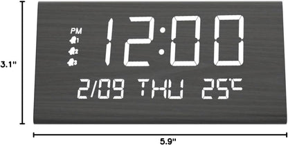 Wooden Digital Alarm Clock for Bedrooms and Office, 3 Alarms with Big Digits, Humidity and Temperature Display, 6-Level Dimmer, Snooze, Loud Desk Clock for Heavy Sleepers, Plug in (Black)