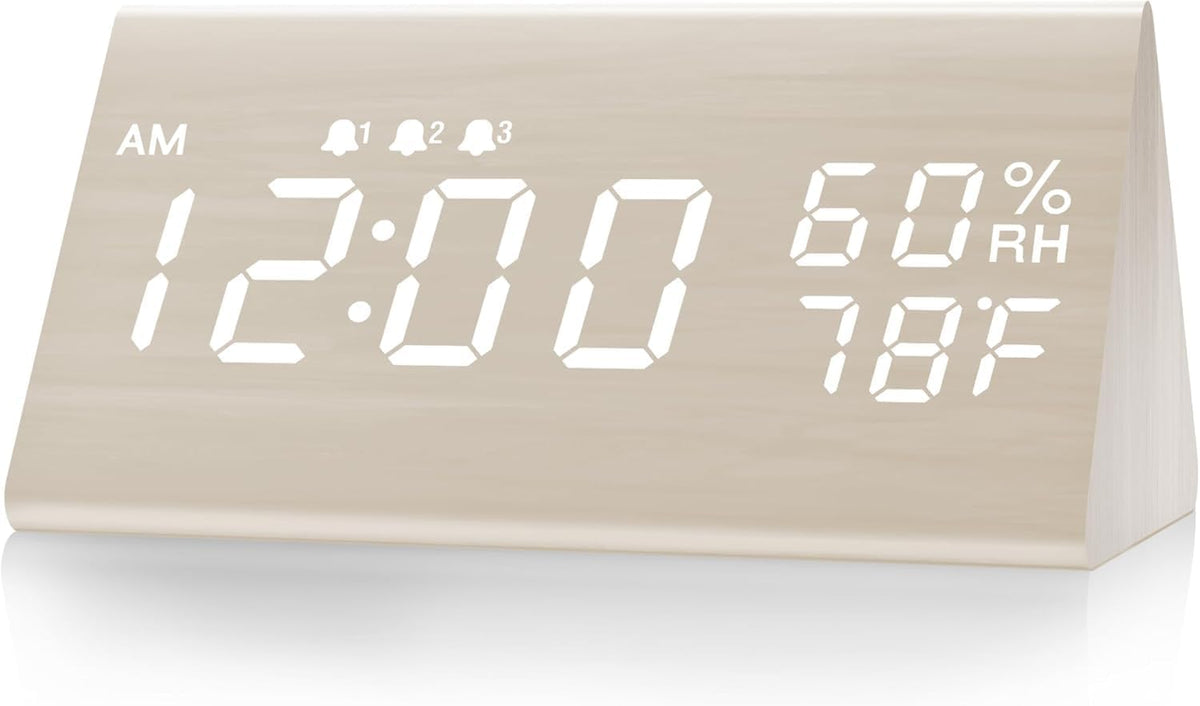 Wooden Digital Alarm Clock for Bedrooms and Office, 3 Alarms with Big Digits, Humidity and Temperature Display, 6-Level Dimmer, Snooze, Loud Desk Clock for Heavy Sleepers, Plug in (Black)