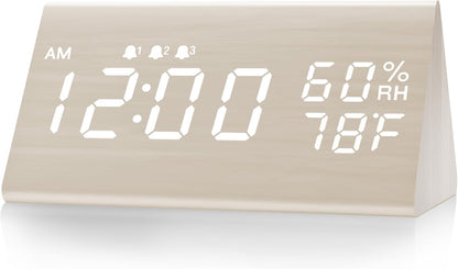 Wooden Digital Alarm Clock for Bedrooms and Office, 3 Alarms with Big Digits, Humidity and Temperature Display, 6-Level Dimmer, Snooze, Loud Desk Clock for Heavy Sleepers, Plug in (Black)