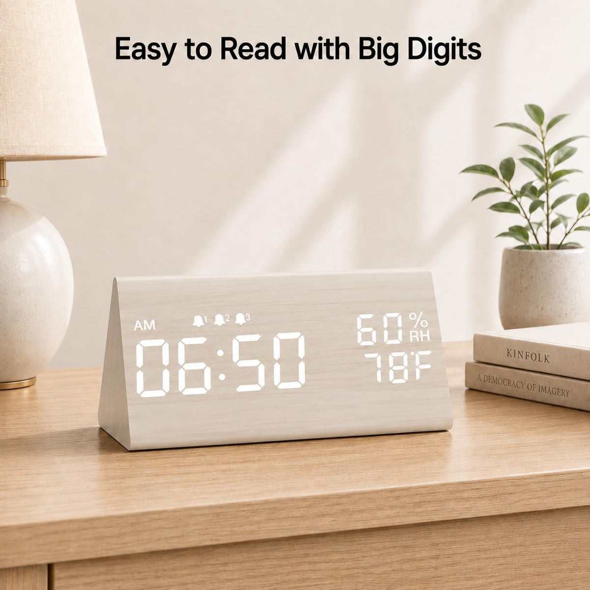 Wooden Digital Alarm Clock for Bedrooms and Office, 3 Alarms with Big Digits, Humidity and Temperature Display, 6-Level Dimmer, Snooze, Loud Desk Clock for Heavy Sleepers, Plug in (Black)