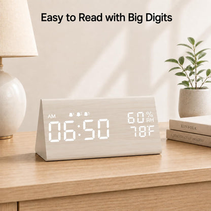 Wooden Digital Alarm Clock for Bedrooms and Office, 3 Alarms with Big Digits, Humidity and Temperature Display, 6-Level Dimmer, Snooze, Loud Desk Clock for Heavy Sleepers, Plug in (Black)