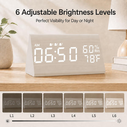 Wooden Digital Alarm Clock for Bedrooms and Office, 3 Alarms with Big Digits, Humidity and Temperature Display, 6-Level Dimmer, Snooze, Loud Desk Clock for Heavy Sleepers, Plug in (Black)