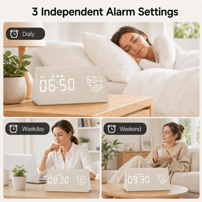 Wooden Digital Alarm Clock for Bedrooms and Office, 3 Alarms with Big Digits, Humidity and Temperature Display, 6-Level Dimmer, Snooze, Loud Desk Clock for Heavy Sleepers, Plug in (Black)