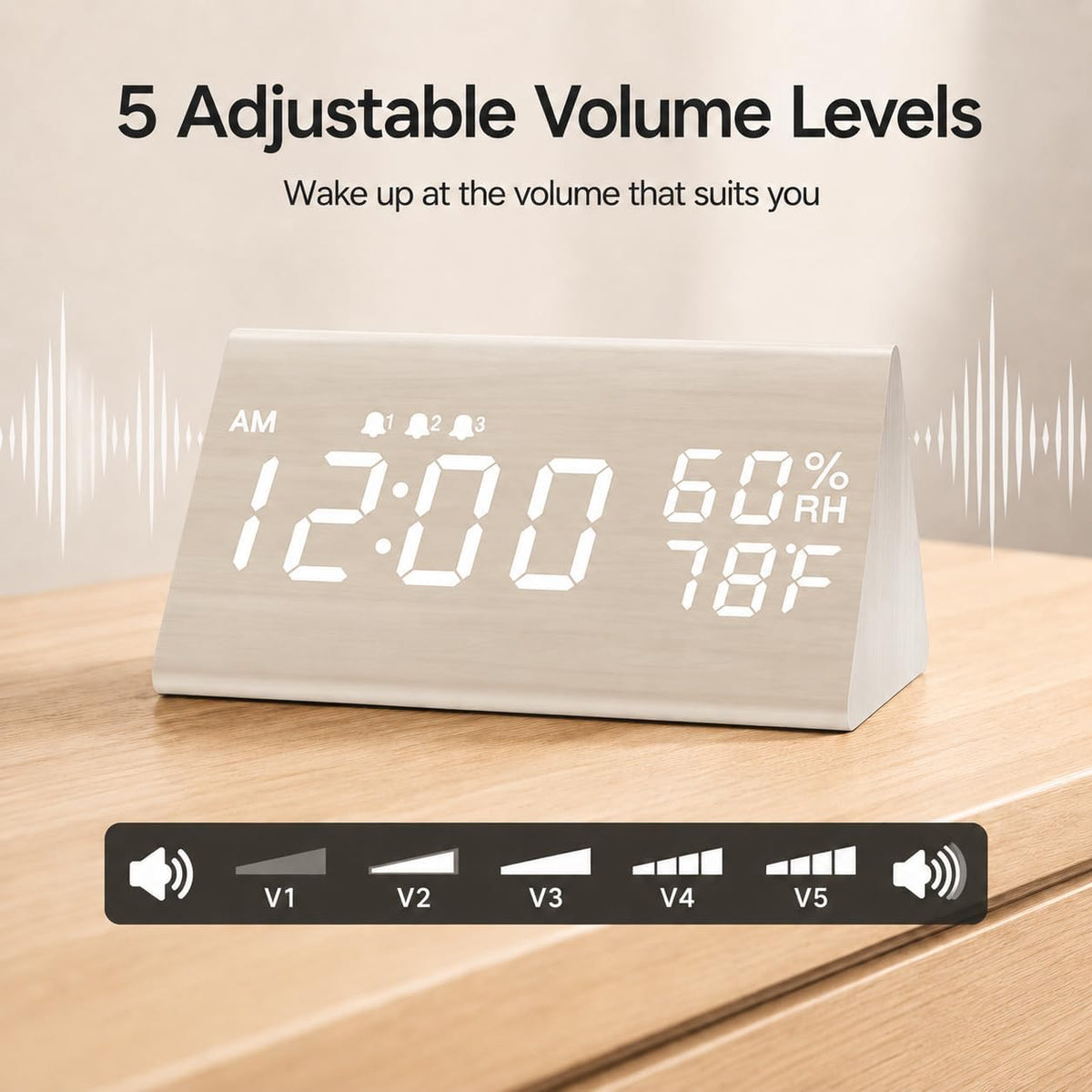 Wooden Digital Alarm Clock for Bedrooms and Office, 3 Alarms with Big Digits, Humidity and Temperature Display, 6-Level Dimmer, Snooze, Loud Desk Clock for Heavy Sleepers, Plug in (Black)