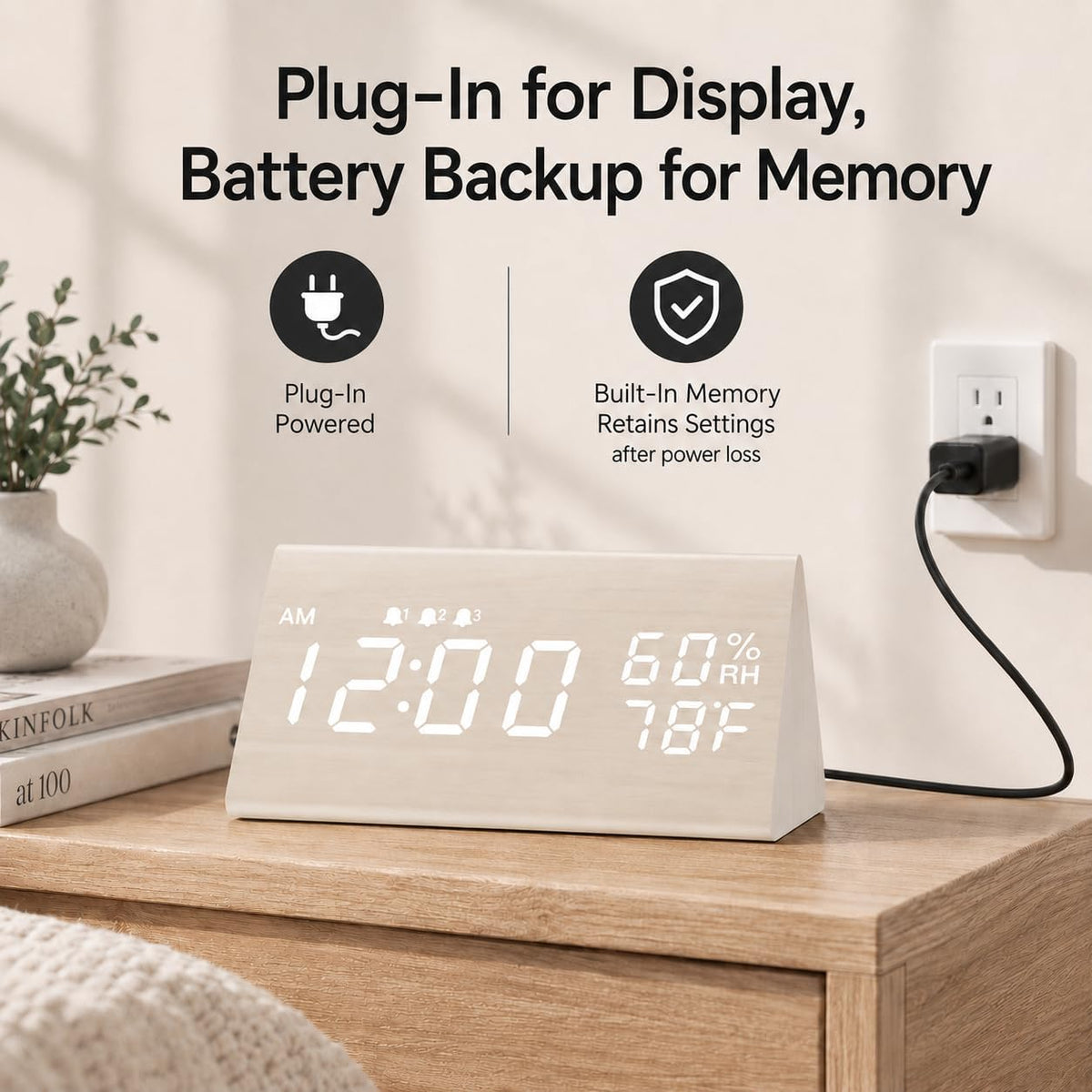 Wooden Digital Alarm Clock for Bedrooms and Office, 3 Alarms with Big Digits, Humidity and Temperature Display, 6-Level Dimmer, Snooze, Loud Desk Clock for Heavy Sleepers, Plug in (Black)