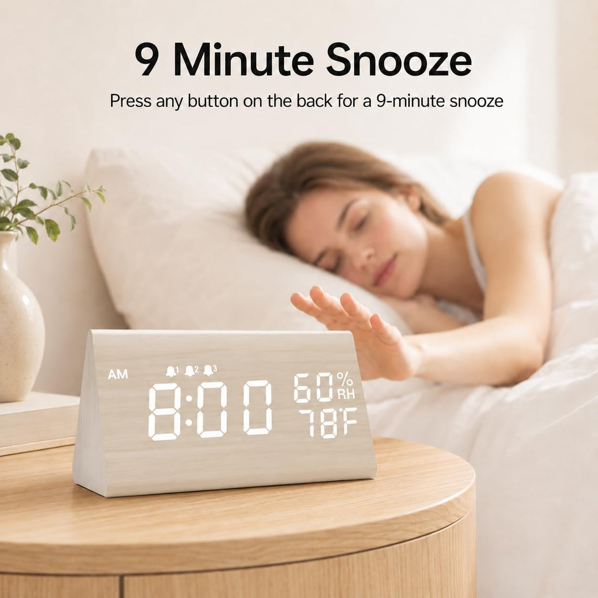 Wooden Digital Alarm Clock for Bedrooms and Office, 3 Alarms with Big Digits, Humidity and Temperature Display, 6-Level Dimmer, Snooze, Loud Desk Clock for Heavy Sleepers, Plug in (Black)