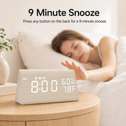 Wooden Digital Alarm Clock for Bedrooms and Office, 3 Alarms with Big Digits, Humidity and Temperature Display, 6-Level Dimmer, Snooze, Loud Desk Clock for Heavy Sleepers, Plug in (Black)