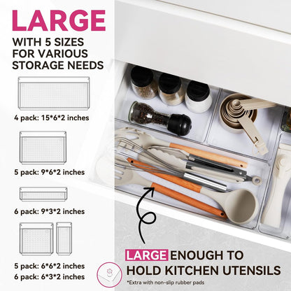 Large Drawer Organizer Bins | Complete 5 Size Clear Plastic Kitchen Drawer Organizers for Utensils | Bathroom Drawer Organizer Trays | Versatile for Makeup Office Organization