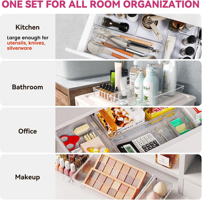 Large Drawer Organizer Bins | Complete 5 Size Clear Plastic Kitchen Drawer Organizers for Utensils | Bathroom Drawer Organizer Trays | Versatile for Makeup Office Organization