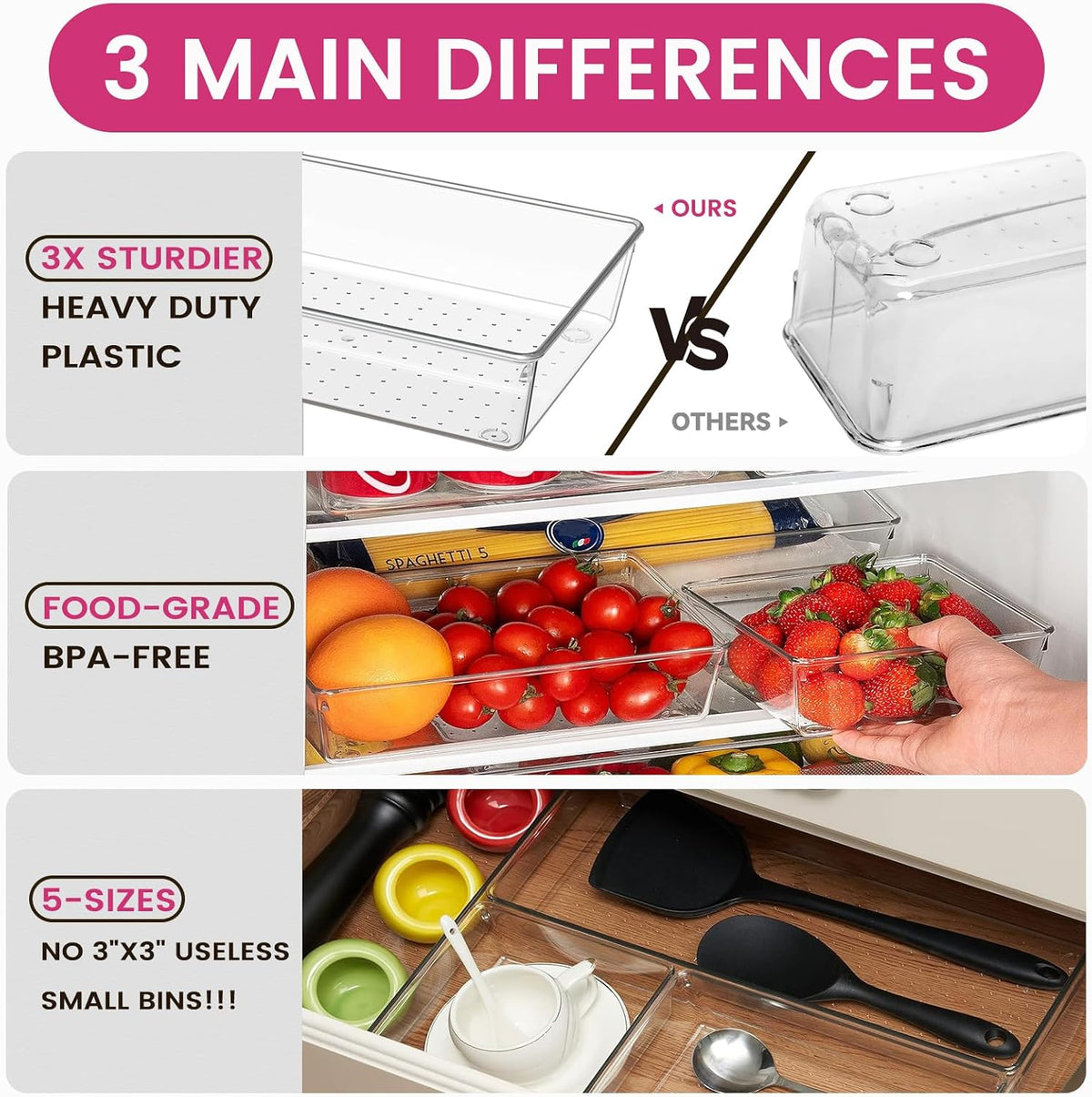 Large Drawer Organizer Bins | Complete 5 Size Clear Plastic Kitchen Drawer Organizers for Utensils | Bathroom Drawer Organizer Trays | Versatile for Makeup Office Organization