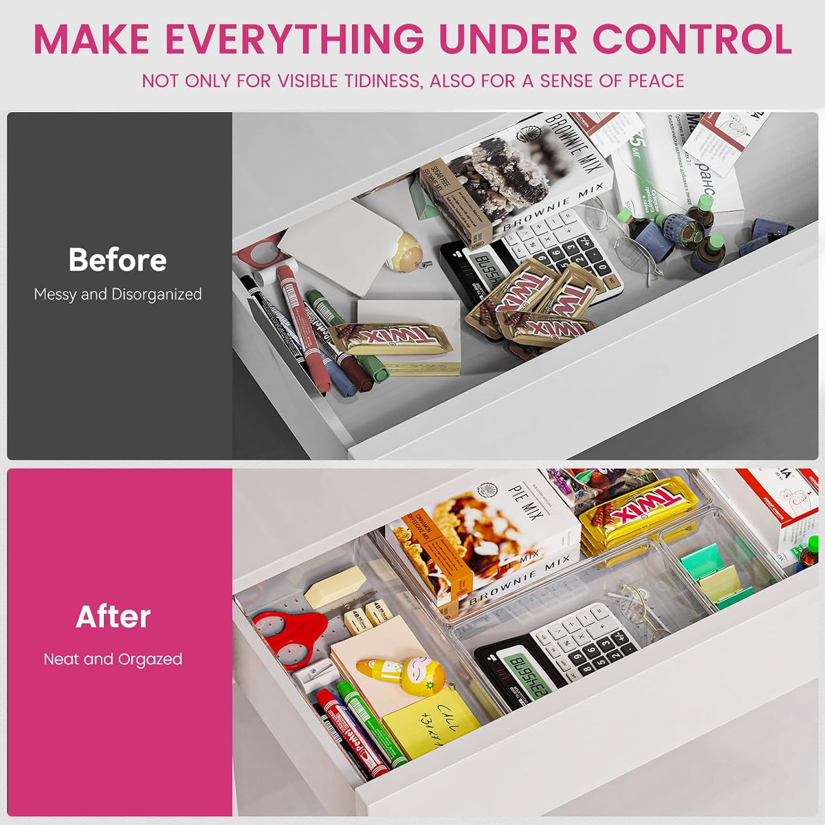 Large Drawer Organizer Bins | Complete 5 Size Clear Plastic Kitchen Drawer Organizers for Utensils | Bathroom Drawer Organizer Trays | Versatile for Makeup Office Organization