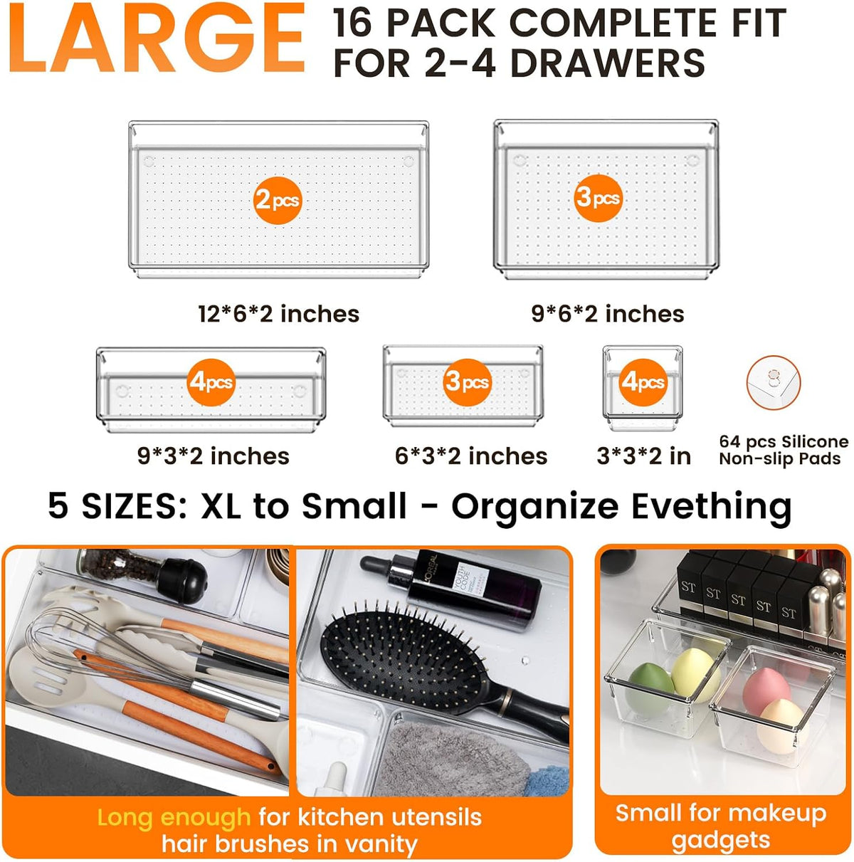 Large Drawer Organizer Bins | Complete 5 Size Clear Plastic Kitchen Drawer Organizers for Utensils | Bathroom Drawer Organizer Trays | Versatile for Makeup Office Organization