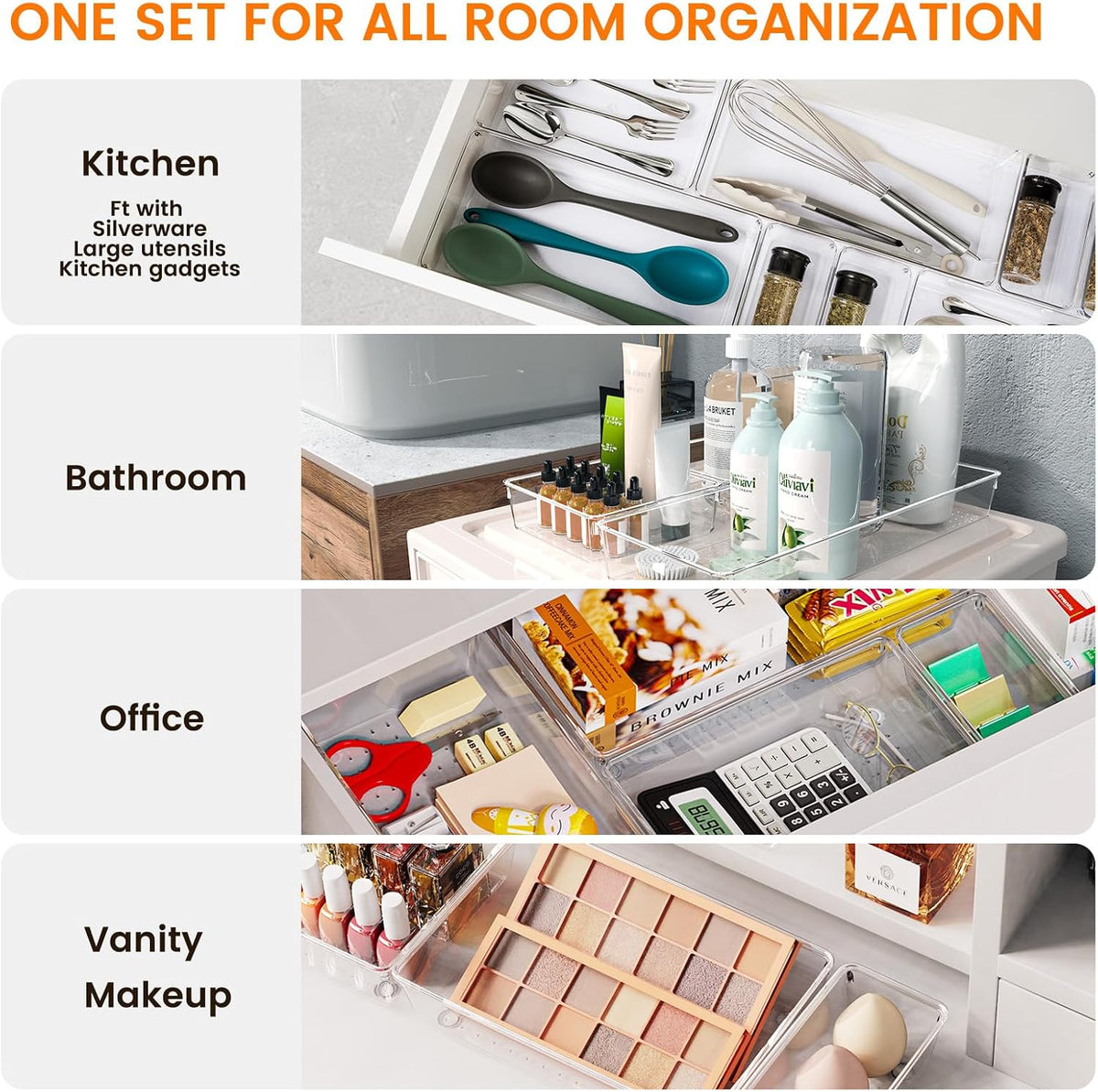 Large Drawer Organizer Bins | Complete 5 Size Clear Plastic Kitchen Drawer Organizers for Utensils | Bathroom Drawer Organizer Trays | Versatile for Makeup Office Organization