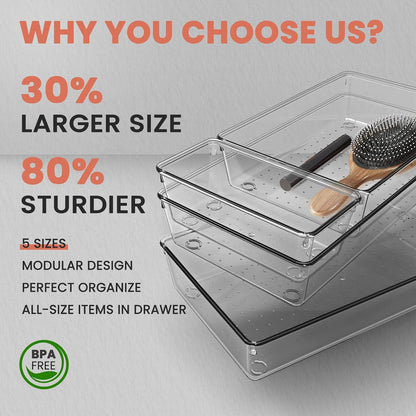 Large Drawer Organizer Bins | Complete 5 Size Clear Plastic Kitchen Drawer Organizers for Utensils | Bathroom Drawer Organizer Trays | Versatile for Makeup Office Organization