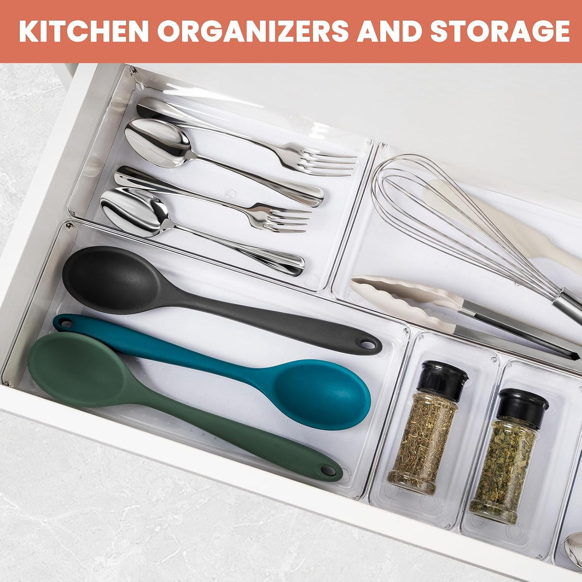Large Drawer Organizer Bins | Complete 5 Size Clear Plastic Kitchen Drawer Organizers for Utensils | Bathroom Drawer Organizer Trays | Versatile for Makeup Office Organization