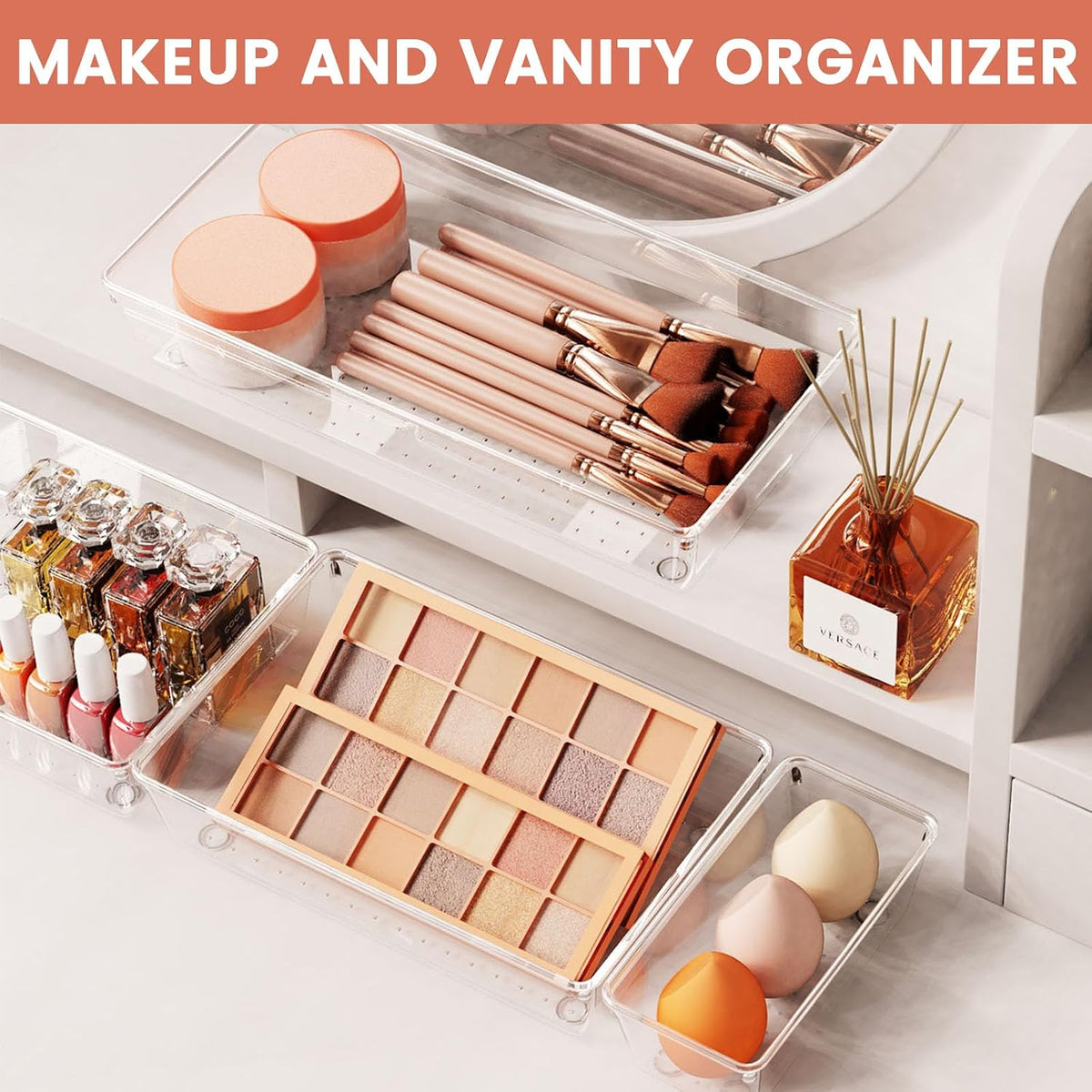 Large Drawer Organizer Bins | Complete 5 Size Clear Plastic Kitchen Drawer Organizers for Utensils | Bathroom Drawer Organizer Trays | Versatile for Makeup Office Organization