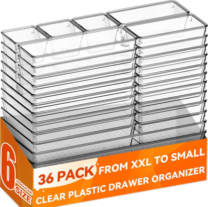 Large Drawer Organizer Bins | Complete 5 Size Clear Plastic Kitchen Drawer Organizers for Utensils | Bathroom Drawer Organizer Trays | Versatile for Makeup Office Organization