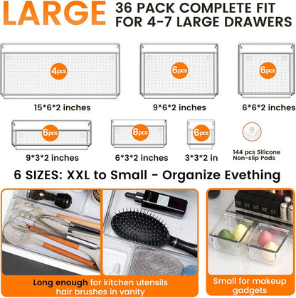 Large Drawer Organizer Bins | Complete 5 Size Clear Plastic Kitchen Drawer Organizers for Utensils | Bathroom Drawer Organizer Trays | Versatile for Makeup Office Organization