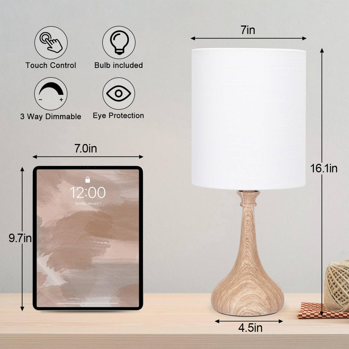 Dimmable Small Table Lamp, Bedside Lamps Touch Control for Bedrooms Nightstand with Wood Grain Base, Desk Lamp Night Light for Office Living Room, 9W 3000K LED Bulb Included