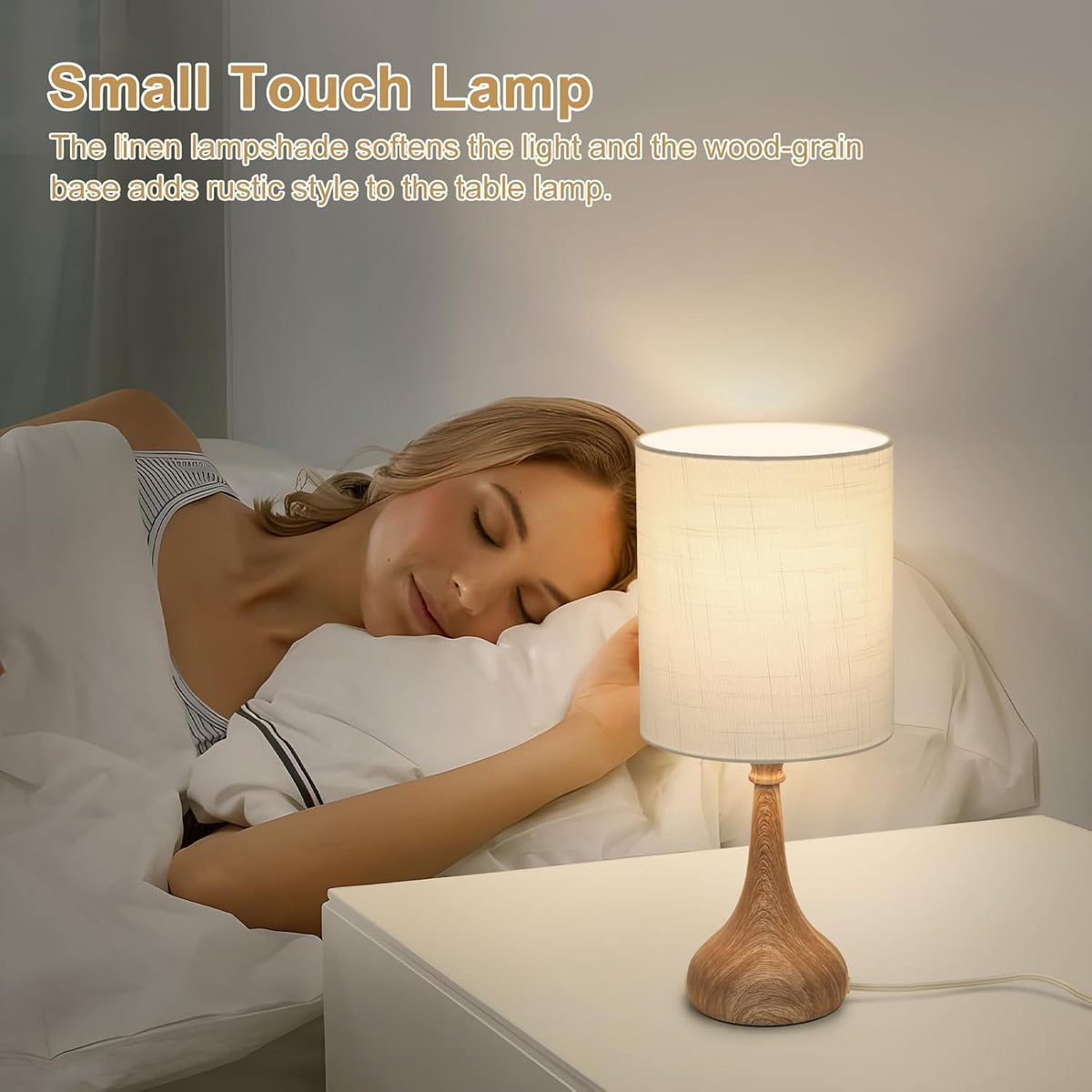Dimmable Small Table Lamp, Bedside Lamps Touch Control for Bedrooms Nightstand with Wood Grain Base, Desk Lamp Night Light for Office Living Room, 9W 3000K LED Bulb Included
