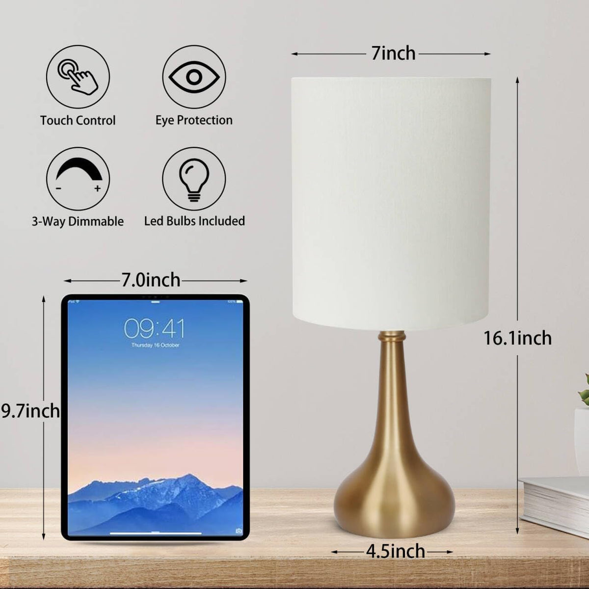 Dimmable Small Table Lamp, Bedside Lamps Touch Control for Bedrooms Nightstand with Wood Grain Base, Desk Lamp Night Light for Office Living Room, 9W 3000K LED Bulb Included