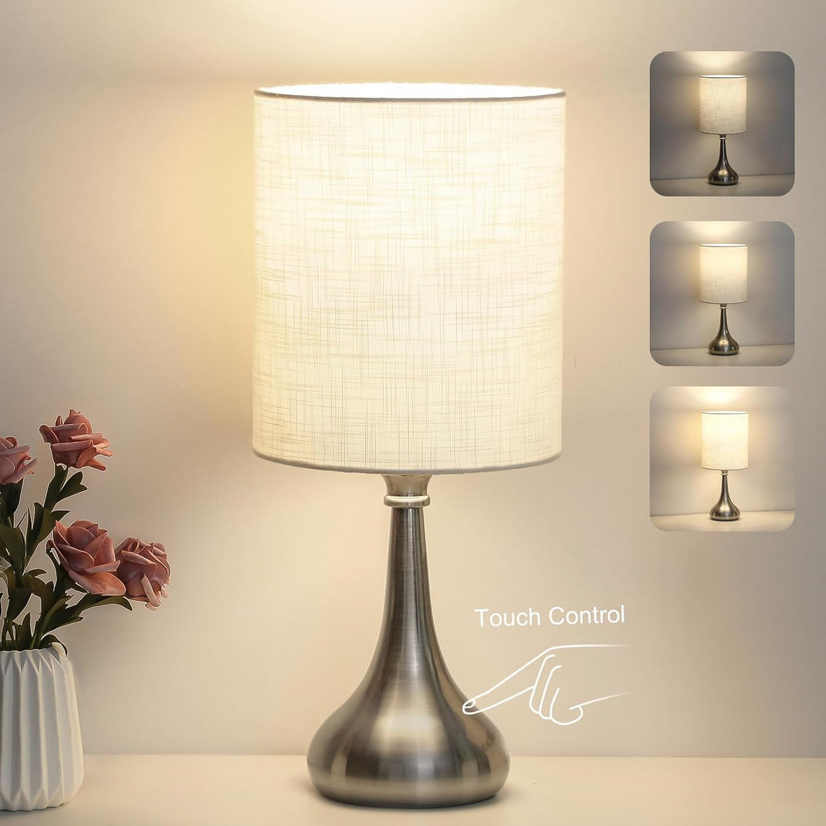 Dimmable Small Table Lamp, Bedside Lamps Touch Control for Bedrooms Nightstand with Wood Grain Base, Desk Lamp Night Light for Office Living Room, 9W 3000K LED Bulb Included