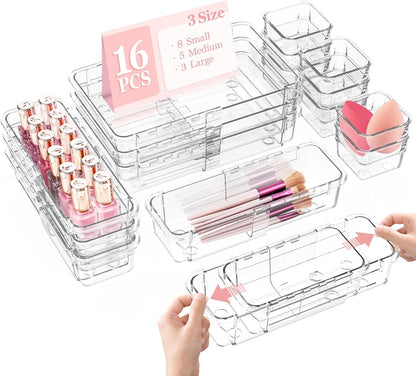 16 Pcs Clear Extendable Drawer Organizer, Adjustable Drawer Storage